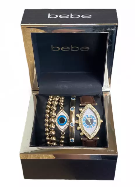 Bebe Evileye Watch Set Women Gold Tone-Choose Your Band Color-