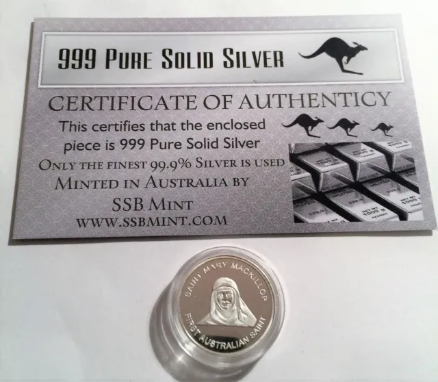 "MARY MACKILLOP" 1/10th OZ 999.0 Pure Solid Silver Coin with C.O.A. Aust Saint 2