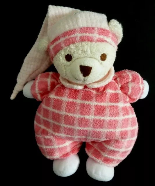 *. DOUDOU PELUCHE NOUNOURS OURS GM 27cms ROSE BLANC LONG BONNET CARREAUX - TTBE