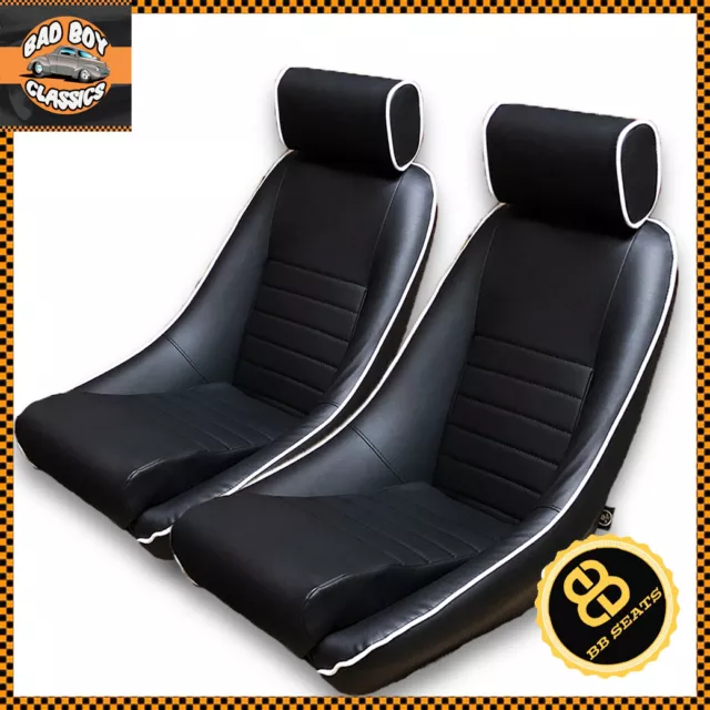 BB1 RS Classic Car Black / White Piping Sports Racing Bucket Seats + Runners