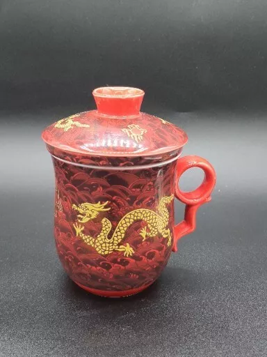 Chinese Dragon Ceramic Tea Cup Mug with Infuser Strainer and Lid Red/Gold 350ml