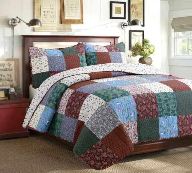 French Country Patchwork Burgundy Wine Red Floral Paisley 3-PC Cotton Quilt Set