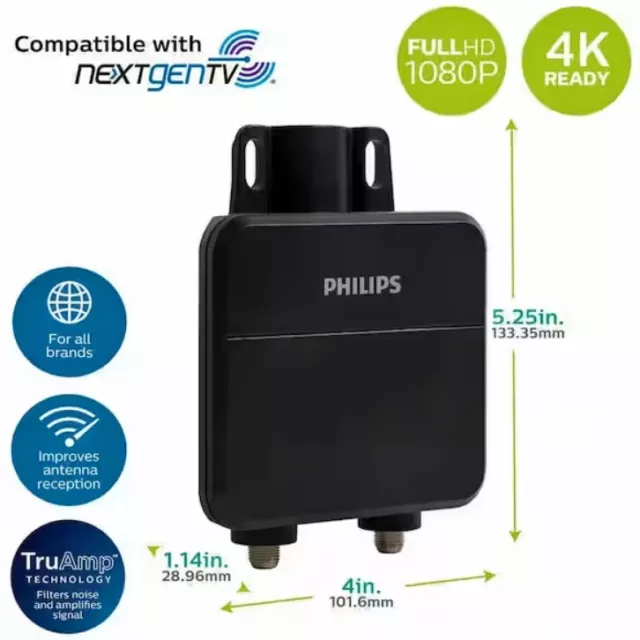 PHILIPS Universal Outdoor HD Antenna Signal Booster Amplifier 4K, 1080P, UltraHD