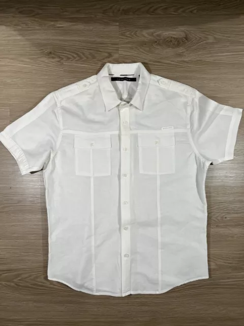 Sean John Men L White Linen Cotton Short Sleeve Military Style Shirt