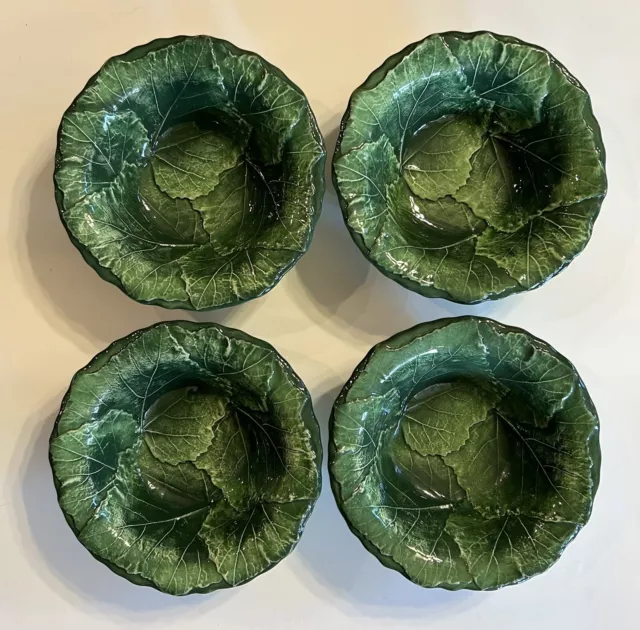 Majolica Green Cabbage Leaf Salad Bowls~Set of 4
