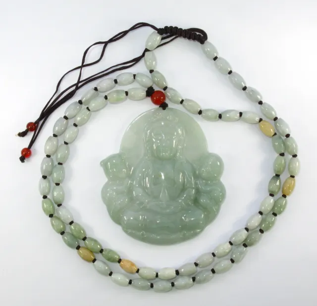 2.4"China Certified Grade A Nature Hisui Jadeite Jade Lucky Kwan-yin Necklace