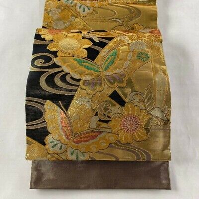 Woman Japanese Kimono Fukuro-obi Silk Butterfly Flower Gold Silver Foil Black