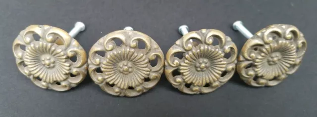 4 Antique Style  Solid Brass  ROUND KNOBS Ornate FLORAL 1-5/8" dia. #K24