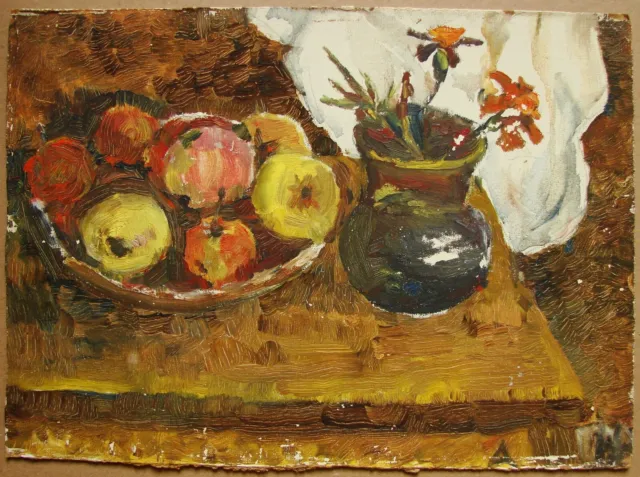 Ukrainian Soviet USSR Oil Painting impressionism Still Life apples jug flowers