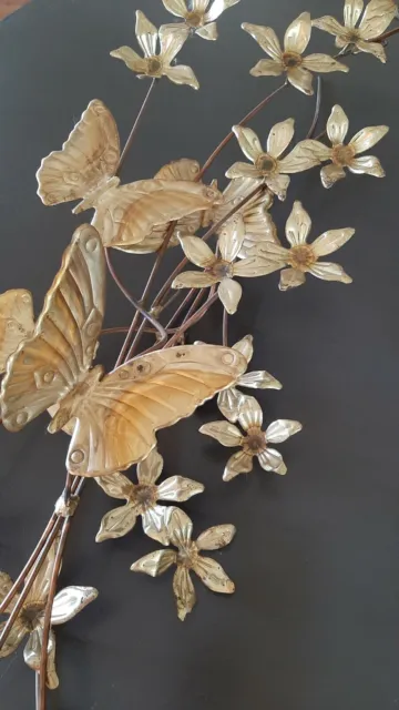 1970 2 Vtg  Brass Metal Dogwood Flower Butterfly Wall Decor 24”  MCM