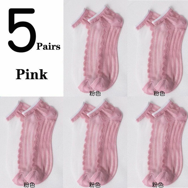 Women Ankle Socks 5Pairs Ultra-thin Transparent Cass Glass Fiber Silk Fashion