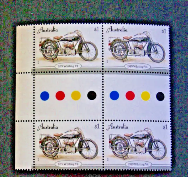 Australian Stamps 2018 $1 Vintage Motorcycles 1919 Whiting V4 Gutter block  You