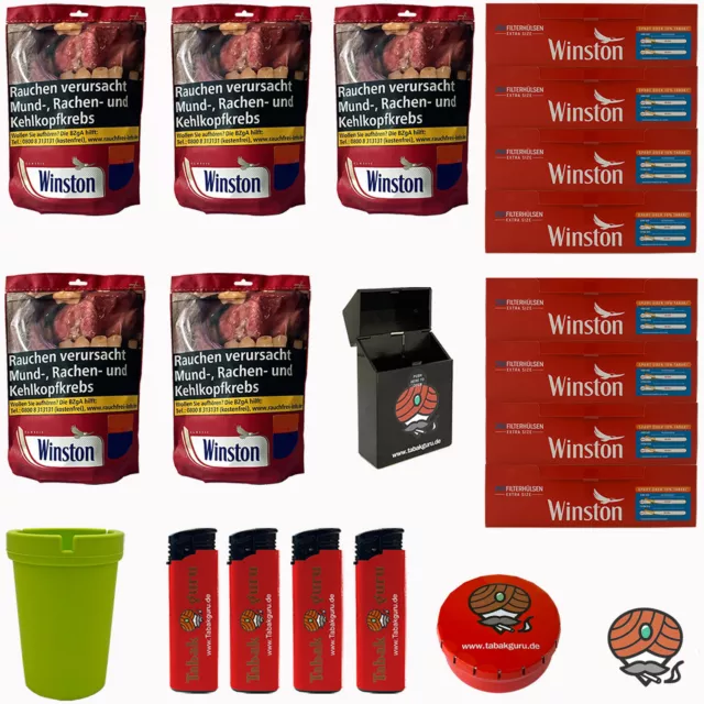 5x Winston Red/Rot Tabak/Volumentabak Beutel à 113g, Extra Hülsen, Ascher, Box