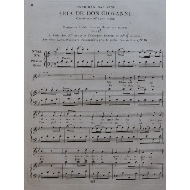 MOZART W. A. Don Juan No 6 Aria Chant Piano ca1800