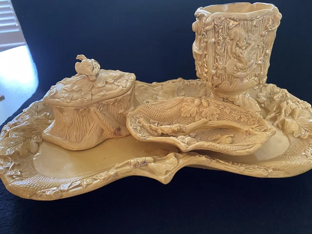 Wilhelm Schiller & Sons Antique Mustard Colored Majolica Desk Set With Gold Trim