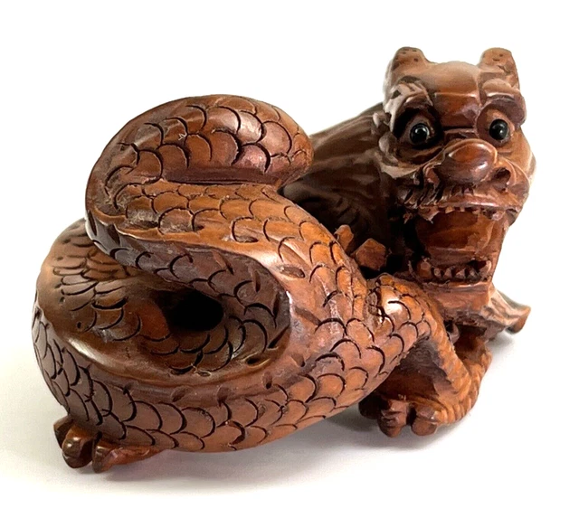 Japanese Netsuke Dragon Hand Carved Boxwood 2 Inch Bead Signed 石川 Ishikawa