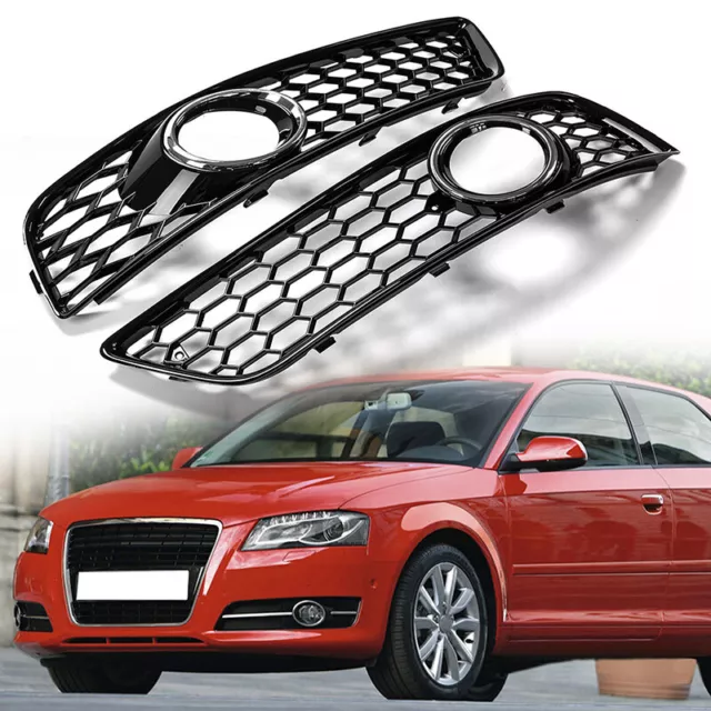 Set Front Bumper Honeycomb Grille Fog Light Bezel Cover For 2008-2012 Audi A3 8P