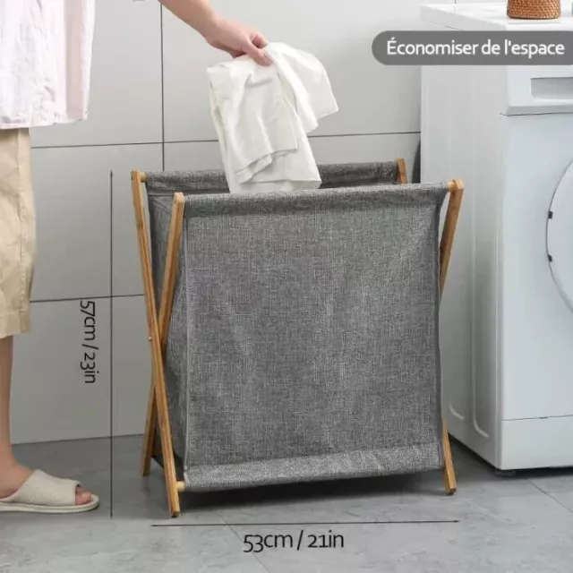 Panier à Linge Pliable 96L Bac à Linge en Bambou 57 x53 x 32 cm Toile Gris 3