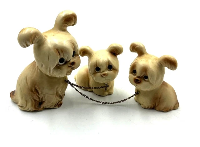Rare Anthropomorphic Shih Tzu Figurines With Chains Mom And 2 Pups