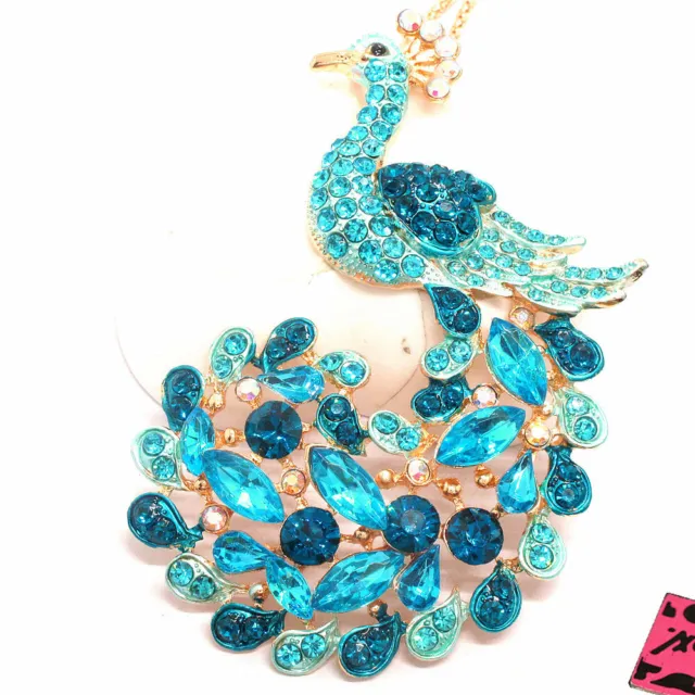 Hot Betsey Johnson Blue Crystal Peacock Bling Animal Pendant  Chain Necklace