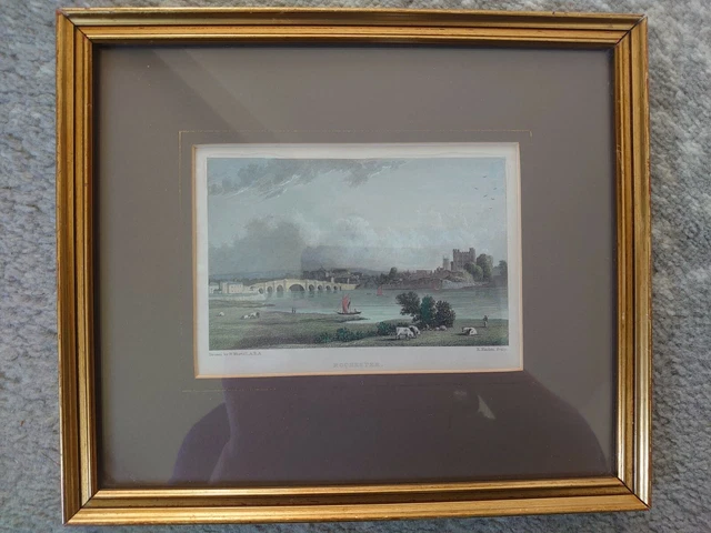 Antik alter Druck gefunden Westall Gravur Ansicht Rochester River Brücke Boote