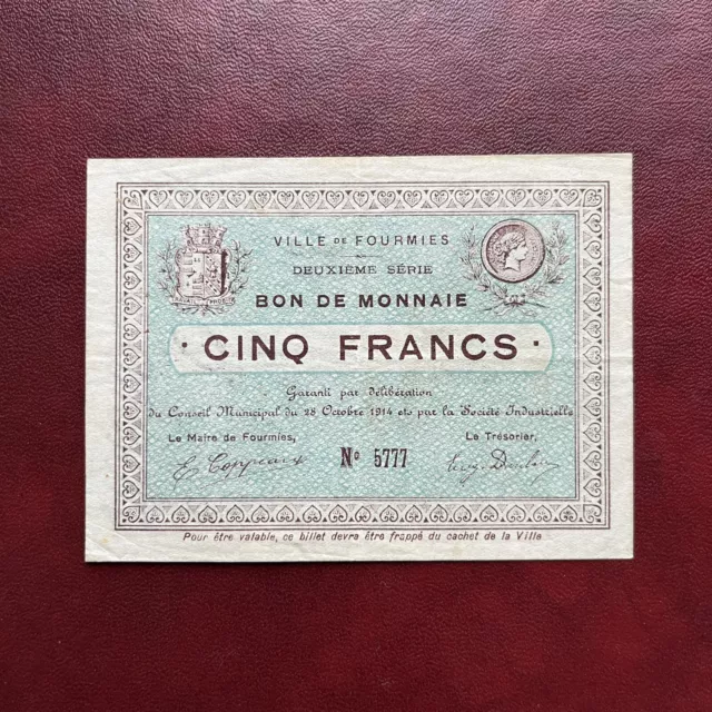 France BON Monnaie 5 Francs 1914 FOUMIES Billet Necessité Dept 59 JP 59.1092