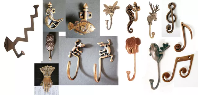 SOLID BRASS WALL hooks coat hanger FISH MONKEY LIZARD OWL FAIRY FROG HAND CLIP