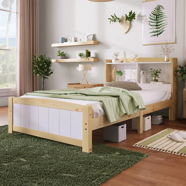 3FT SINGLE BED Solid Wooden Bed Frame with Storage Headboard for Kids ...