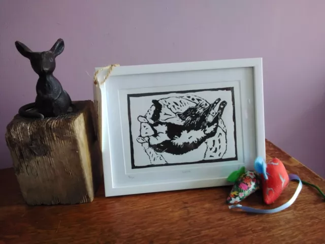 Black & White Cat Lino Print Framed With Mount (Black Frame Option too)