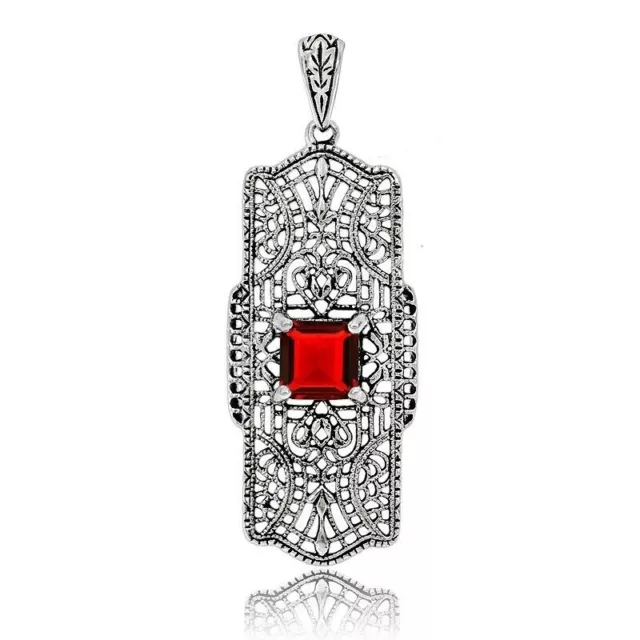 Natural  2CT Fire Garnet 925 Solid Sterling Silver Victorian Style Pendant FB10