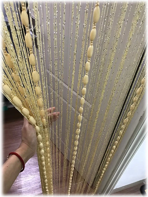 Door String Curtain Flat Silver Ribbon Thread with Shaggy Tassel Room Divider, 3