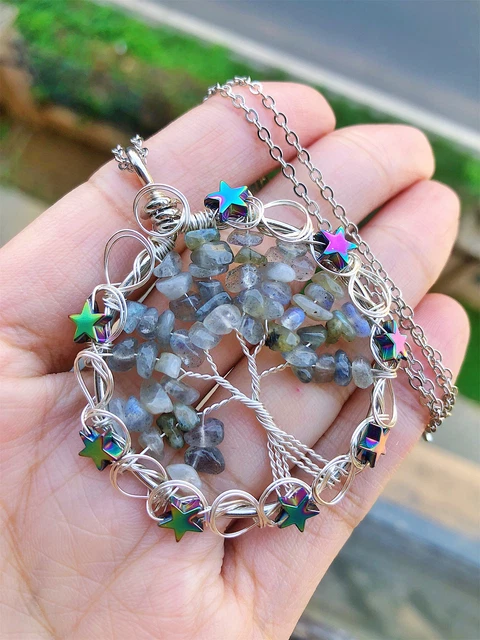 Labradorite Gem Tree Of Life Water-Drop Necklace Chakra Reiki Healing Amulet