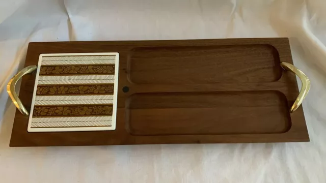 Vintage Mid Century Wood Cutting Board w Tile Cheese Serving Tray Handles Feet