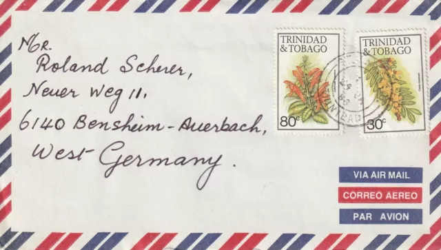 1986 Trinidad&Tobago cover sent to Bensheim-Auerbach Germany