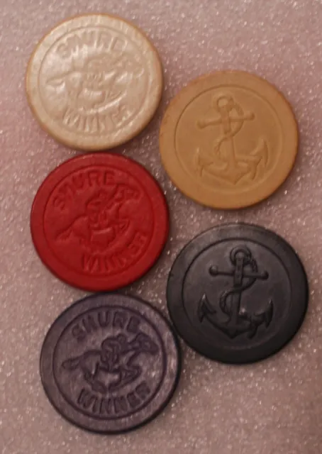 Five (5) Antique Poker Chips Anchor & Shure Winner Designs Clay Red, White, Blue