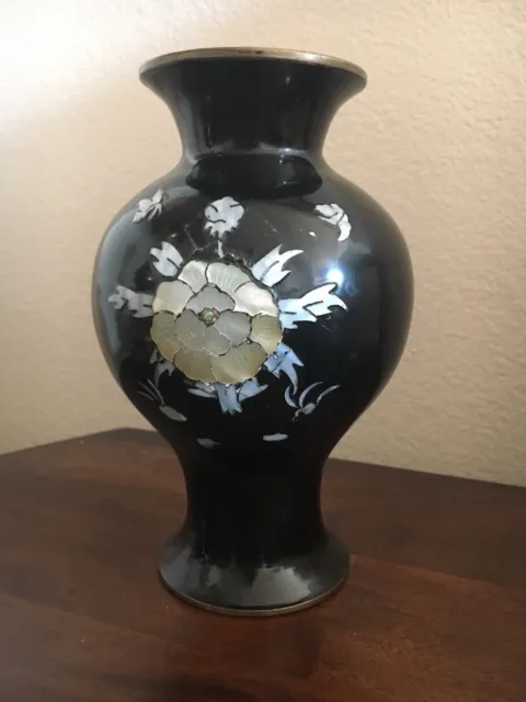 Asian Black Laquerware Brass Vase with Inlaid Mother of Pearl Flower 7 inches
