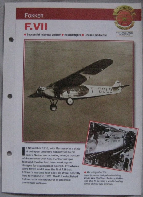 Aircraft of the World Card 58 , Group 14 - Fokker F.VII