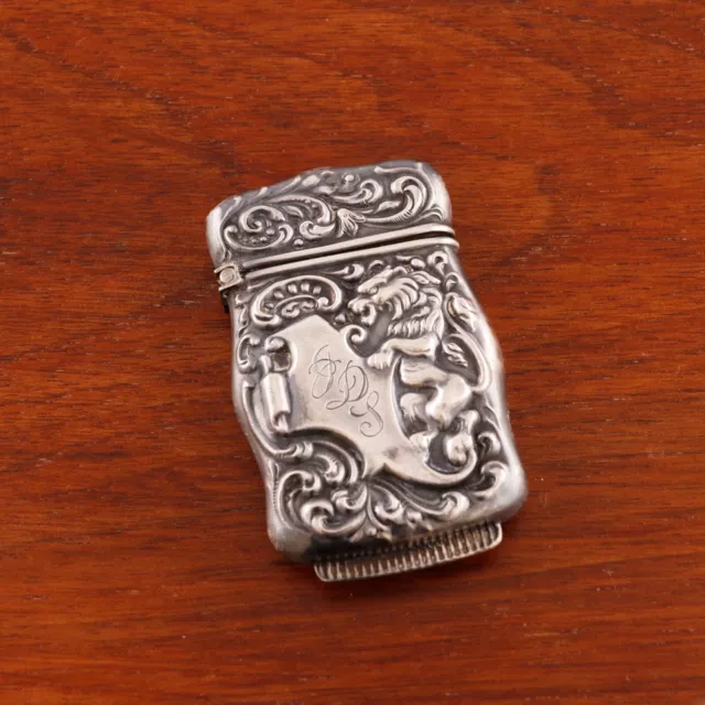 Standard Button Sterling Silver Match Safe Lion Holding Cartouche 1909-20