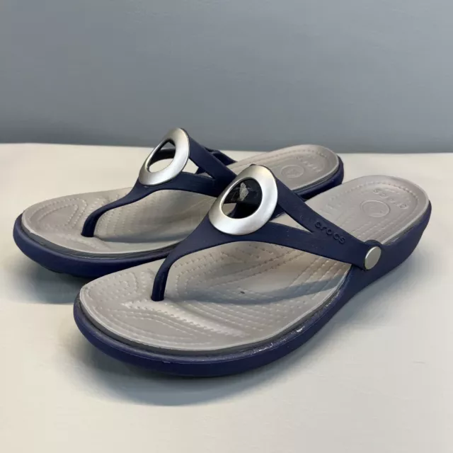 Crocs Sanrah Sandals Navy Slip On Wedge Thong Flip Flops Casual Womens Size 10