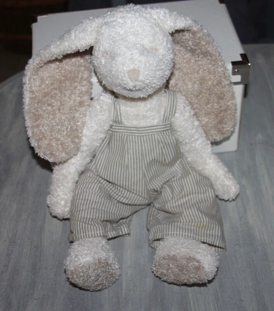 Doudou Peluche Cyrillus Lapin Beige Blanc Salopette Raye Gris 38 Cm