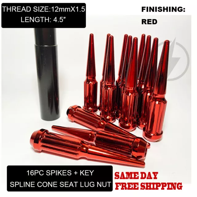 FIT DODGE NEON 4LUG 94-06 4.5'' 7SPLINE SPIKE LUG NUT CONE SEAT 12x1.5 RED 16PC