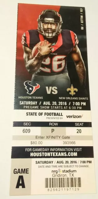 2016 New Orleans Saints Houston Texans NFL Football Ticket Stub
