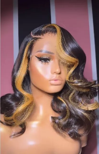Long Wave 14" 100% Remy Human Hair Lace Frontal Wigs 4x4 Finger Blonde Black Wig