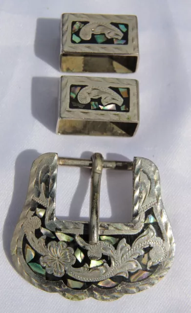 Vintage ALPACA Mexican Silver Tone Inlaid Western Belt Buckle & Keepers