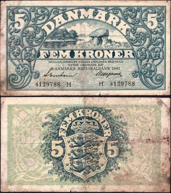 5 Kroner 1942 - Prefix H - Series: 4129788 - Denmark - Pick:30g  -"G" - C44
