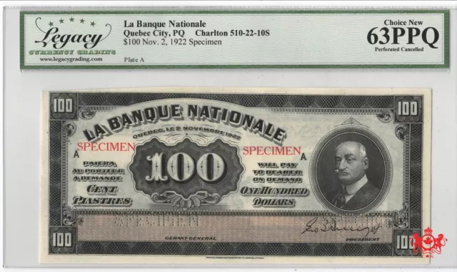 1922 La Banque Nationale $100 Specimen - Legacy UNC63 - 510-22-10S