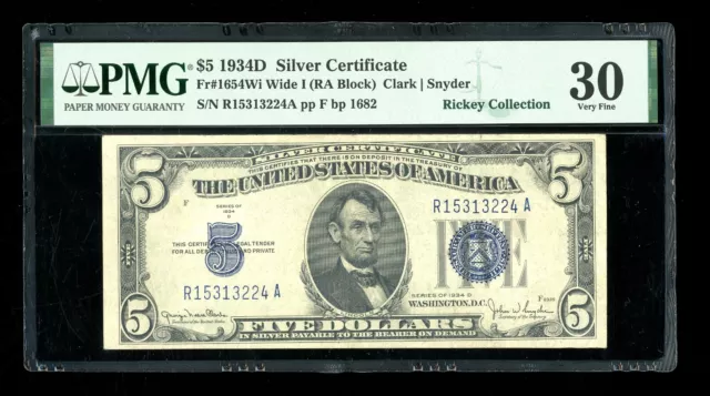 DBR 1934-D $5 Silver Fr. 1654Wi Wide I RA Block PMG 30 Serial R15313224A