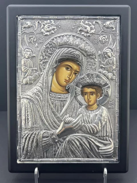 Greek Byzantine Icon, Virgin Mary with Baby Jesus, Silver .950, 22 cm/ 8.77 Inch