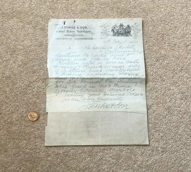 1890 Pictorial Billhead Invoice J. Tonks Scarborough Cabinet Makers Undertakers