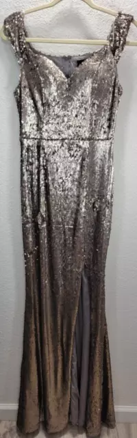 Akira Womens Long Sequined Evening Gown Sz Medium Silver High Slit Sleeveless